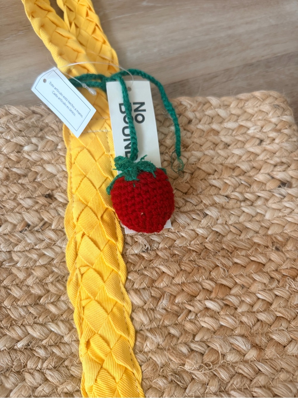 Yellow Braided Strap Bag Charm with Red Strawberry Accent